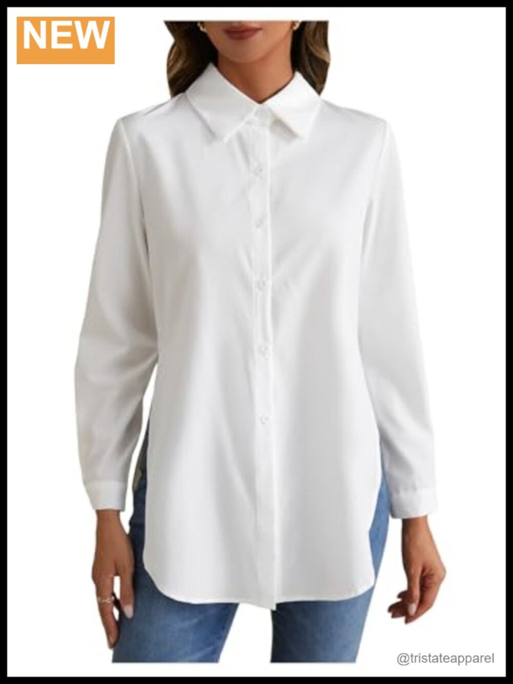 Collared Long Sleeve Button Down Split Hem Dressy Blouse